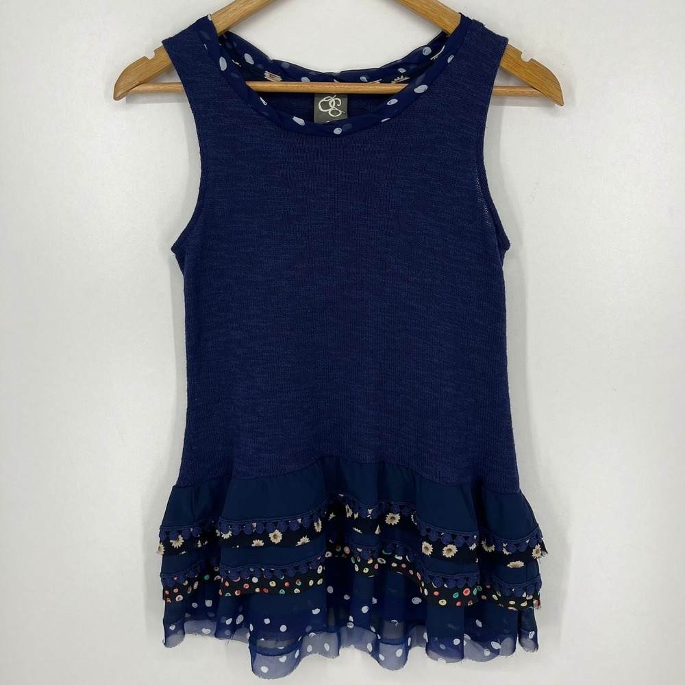 One September Anthropologie Navy Blue Tiered Ruffle Hem Tank Top XS Floral Boho